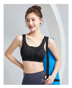 Detailed view of high-impact black sports bra with front zipper and wide straps for yoga