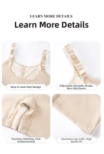 Detailed views of beige shapewear showing U-neckline, adjustable straps, and mesh leg ends