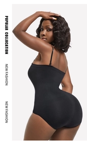 Side view of black seamless shapewear bodysuit with adjustable straps for tummy control