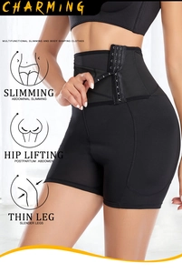 Detail view of high waist shapewear with triple hook-and-eye closure for tummy control