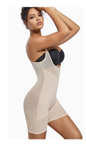 Detailed side view of nude seamless shapewear bodysuit with breathable mesh panels