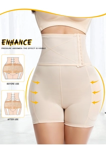 Detail view of high waist shapewear featuring front hooks and tummy control cross bands