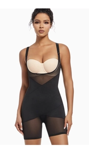 Detail of black plus size shapewear bodysuit with tummy control and breathable mesh panels