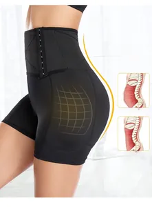 Detail of high-waisted shaper shorts with triple-row hooks and mesh compression zones