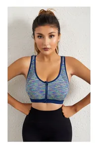 Détail du soutien-gorge de sport chiné avec fermeture éclair frontale et bretelles