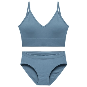 Ensemble de lingerie tricoté sans couture bleu Morandi avec soutien-gorge V et culotte
