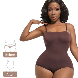 Brown seamless bodysuit shapewear for tummy control and waist slimming with before-after effect