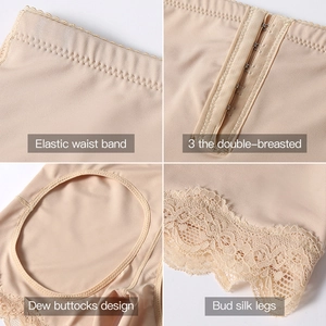 Beige high waist tummy control shapewear with hook closure and lace trim details