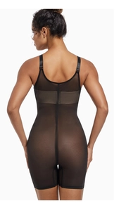 Rear view of black mesh bodysuit showing butt-lifting and waist-slimming details