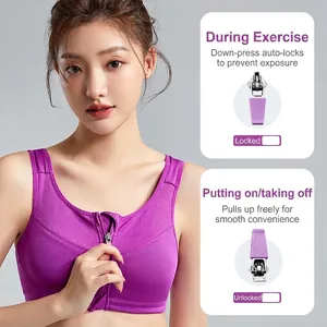 Purple push-up sports bra with front zipper lock, breathable mesh for running and yoga