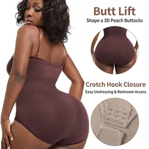 Brown high-waisted seamless bodysuit shapewear with adjustable straps and 3D butt lift