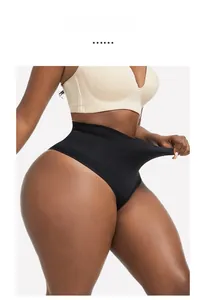 Detailed view of high-elasticity black high-waisted shaping thong for tummy control