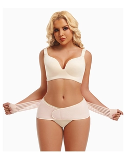 Detail of adjustable waist trainer belt with Velcro straps and elastic support bands