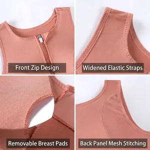High-impact sports bra with front zipper and breathable mesh back in peach knit fabric