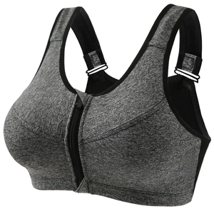 Front zipper high impact sports bra in heather gray with wide adjustable straps