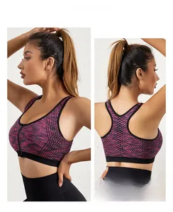 Détail latéral et dos nageur du soutien-gorge de sport sans couture à zip frontal rose