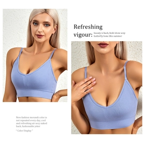 Detail of V-neck ribbed knit bralette with thin straps in a soft Morandi purple hue