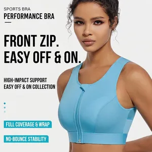 Light blue high-impact sports bra with front zipper and full cup supportive design