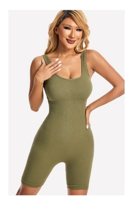 Detail of olive green ribbed bodysuit featuring wide U-neck and slimming fit design