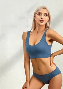 Detailed view of blue ribbed shockproof sports bra set with seamless high-elasticity panties
