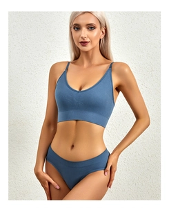 Blue ribbed seamless lingerie set with V-neck bralette and matching panties