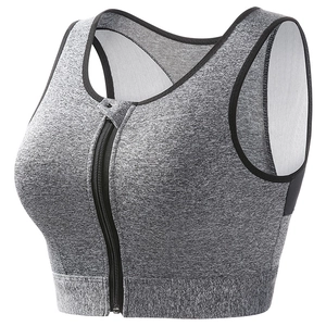 Front zipper high-impact sports bra in heather grey with mesh back and wide straps