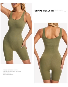 Detailed front and back view of olive green ribbed bodysuit with tummy control features