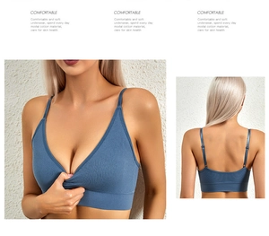 Macro shot of blue ribbed modal cotton bra with V-neckline and adjustable straps