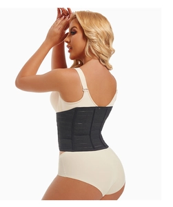 Detail of breathable waist trainer with elastic fabric and vertical support ribs for women