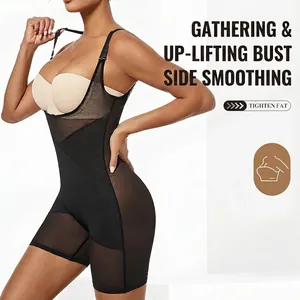 Women's black seamless bodysuit shapewear with adjustable straps and tummy control mesh