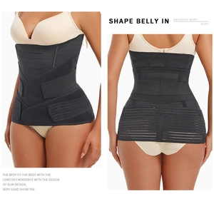 Detail view of adjustable black compression waist trainer showing front and back slimming effect