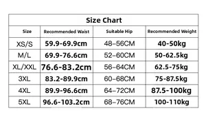 Detailed size chart for high waist shapewear showing waist and weight measurements