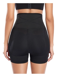 Detailed back view of high-waist body shaper shorts with crisscross compression design