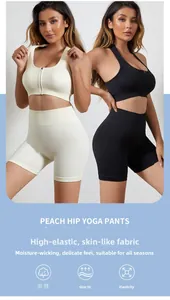 Dettaglio della trama a costine e zip frontale sul set reggiseno sportivo da yoga