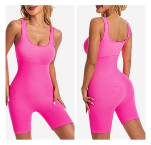 Front and back views of pink ribbed bodysuit with U-neck design and elastic fabric