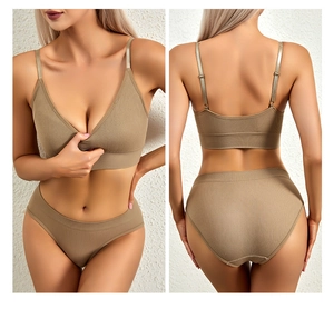 Detail of ribbed seamless lingerie set featuring adjustable straps and V-neckline design