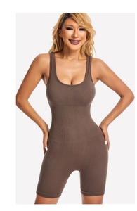 Close-up of deep brown ribbed sleeveless bodysuit with a flattering U-neckline