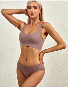 Detail of mauve ribbed seamless lingerie set with U-neck bra and matching panties