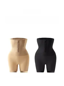 Detailed front view of high waist body shaper shorts in beige and black colors