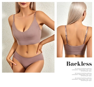 Close-up of ribbed cotton lingerie set in dusty pink with backless U-neck design