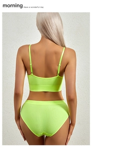 Rear view of neon green ribbed lingerie set showing U-back bralette and high-waist panty