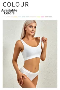 Detailed view of white ribbed knit wireless bra and matching briefs with color swatches