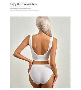 Rear view of white ribbed knit wireless lingerie set with U-shaped back design on model