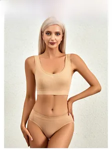 Close-up of beige ribbed wireless bris and briefs set showing the seamless texture