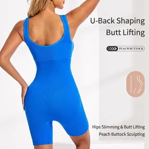 Royal blue one-piece bodysuit shapewear featuring deep U-back and peach buttock lifting effect