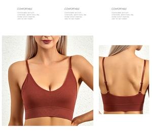 Detail of dark red modal cotton rib-knit bralette showing V-neck and thin adjustable straps