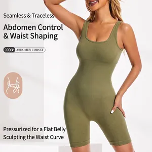 Seamless green one-piece bodysuit shaper with ribbed texture for abdomen control