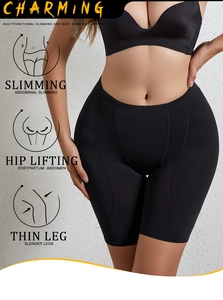 Detail view of high-waist slimming shorts featuring hip lifting and thigh compression zones