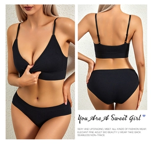 Front and back view of black ribbed seamless lingerie set with thin straps and V-neckline