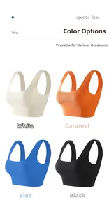 Selection of ribbed sports bras in white, caramel, blue, and black colors